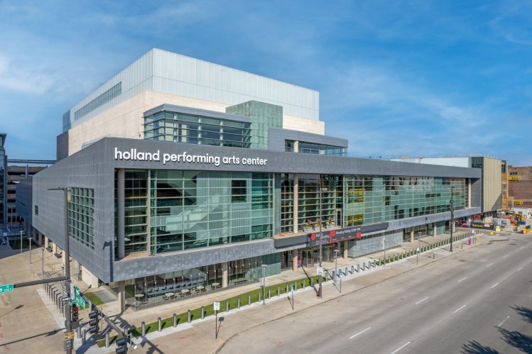 Exterior view of the Holland Center on a bright day, photographed by Tom Kessler.