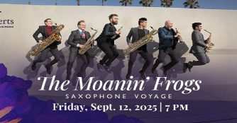 A promotional image for Vesper Concert's The Moanin' Frogs performance. The image shows the six members of the group jumping midair with their respective saxophones.