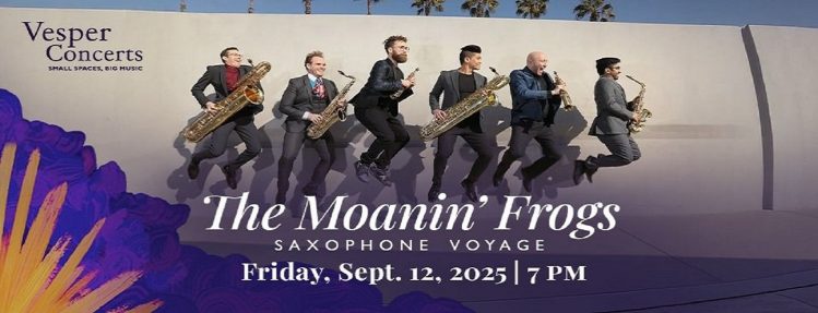 A promotional image for Vesper Concert's The Moanin' Frogs performance. The image shows the six members of the group jumping midair with their respective saxophones.