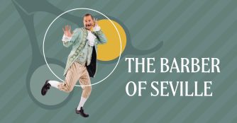 Poster of The Barber of Seville featuring the barber striking a humorous pose while curling his mustache.