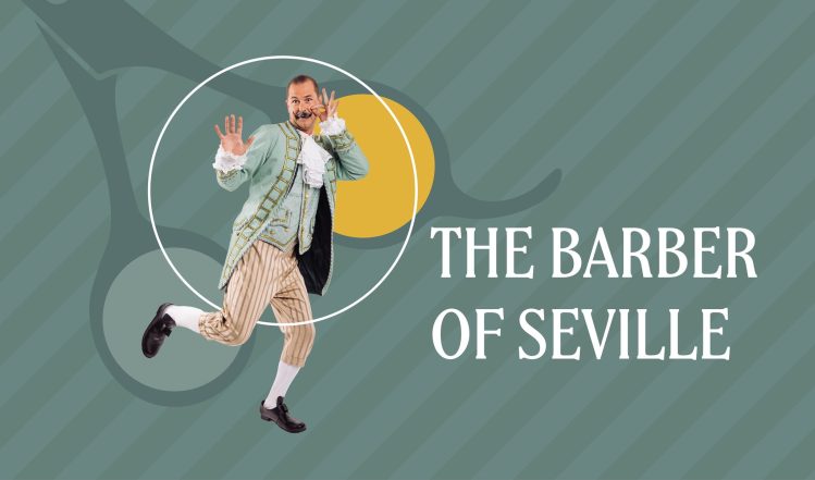 Poster of The Barber of Seville featuring the barber striking a humorous pose while curling his mustache.