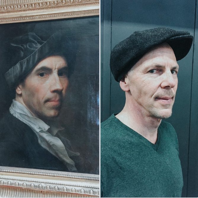 A self-portrait by Christian Seybold next to a photo of Jeff Koterba. The comparison shows how much they like alike.