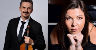 Violinist Cristian Fatu and pianist Lolita Lisovskaya-Sayevich pose together, smiling confidently before their performance.