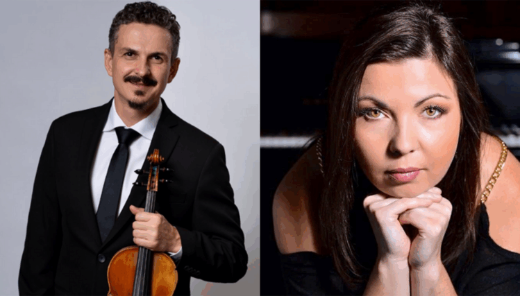 Violinist Cristian Fatu and pianist Lolita Lisovskaya-Sayevich pose together, smiling confidently before their performance.