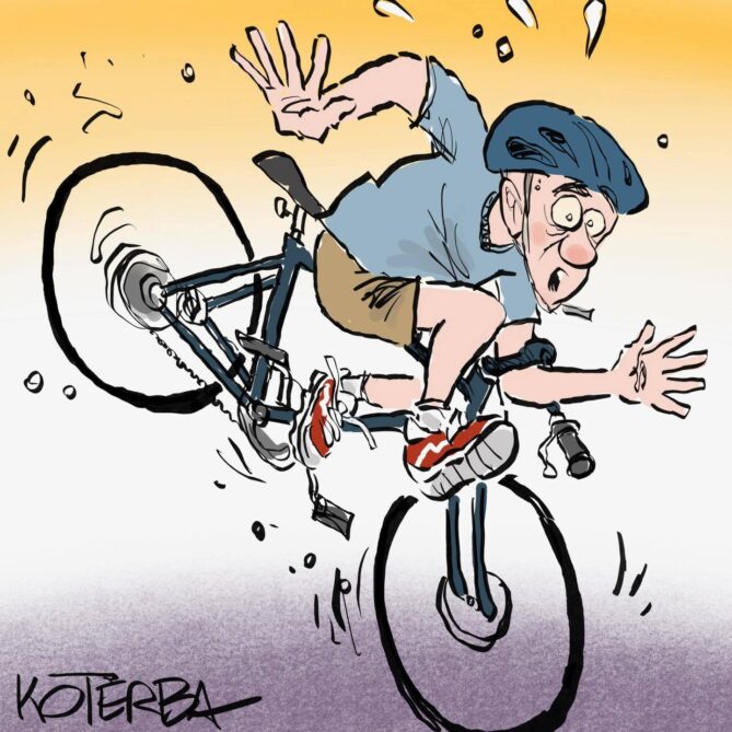 Cartoon of Jeff falling off a bicycle.