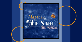 Poster for Miracle on 34th Street featuring festive snowflakes and golden bells against a wintry blue background.