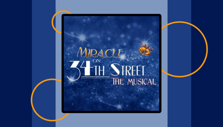 Poster for Miracle on 34th Street featuring festive snowflakes and golden bells against a wintry blue background.