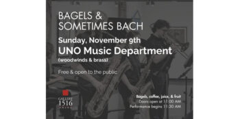 Audience enjoying live classical music during Gallery 1516’s Bagels and Sometimes Bach concert series, with musicians performing in a bright, art-filled gallery space.