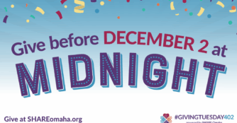 A bright Share Omaha Giving Tuesday graphic with the message “Give Before December 2 at Midnight,” featuring bold typography, the Share Omaha logo, and a countdown-style design encouraging early giving.
