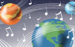 A Jeff Koterba color illustration of three planets, including the Earth, with a musical staff and notes and stars--all floating and wrapping around the various planets.