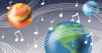 A Jeff Koterba color illustration of three planets, including the Earth, with a musical staff and notes and stars--all floating and wrapping around the various planets.