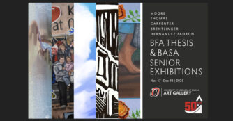 A promotional image for the upcoming BFA Thesis and BASA Senior Exhibition at UNO. The image displays artworks by the students spliced together next to the date, time and location of the event.