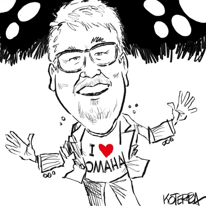 Koterba Cartoon caricature of Pat Hazell wearing an "I Heart Omaha" shirt