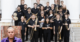 Students from the UNO Jazz Band pose with guest artist José Valentino inside the Strauss Performing Arts Center, smiling together after their recording session.