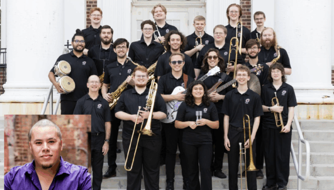 Students from the UNO Jazz Band pose with guest artist José Valentino inside the Strauss Performing Arts Center, smiling together after their recording session.