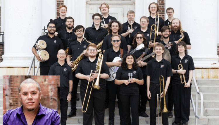 Students from the UNO Jazz Band pose with guest artist José Valentino inside the Strauss Performing Arts Center, smiling together after their recording session.