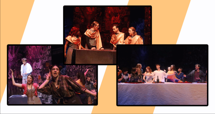 Three production photos from UNO Theatre’s Jesus Christ Superstar, featuring scenes from “Simon Zealotes,” “This Jesus Must Die,” and “The Last Supper.”