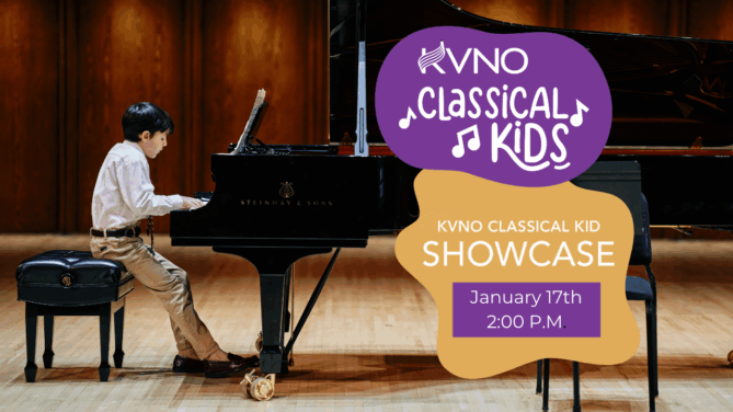 Student sitting at a piano with the KVNO Classical Kid logo and text that says "KVNO Classical Kid Showcase, January 17th at 2 p.m"