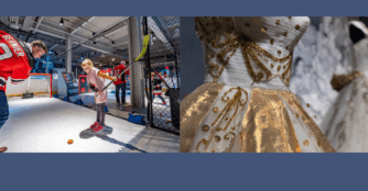 Two images side by side at the Durham Museum, one showing an elegant coronation gown on display and the other showing a young girl playing hockey with her father.