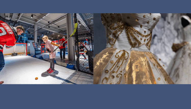 Two images side by side at the Durham Museum, one showing an elegant coronation gown on display and the other showing a young girl playing hockey with her father.