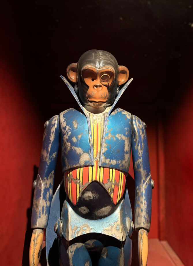 Image of a human-size mechanical monkey at the childhood home, and now museum, of French composer, Erik Satie, in Honfleur, France. The monkey was part of a play that Satie had written.