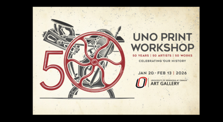 Promotional image for the UNO Print Workshop’s 50th Anniversary featuring a large number 50, with the zero designed as a printing press wheel, alongside the workshop name and exhibition dates.