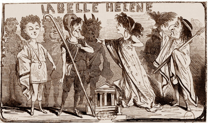 A cartoon from 1864 showing characters of the opera, La Belle Hélène. 