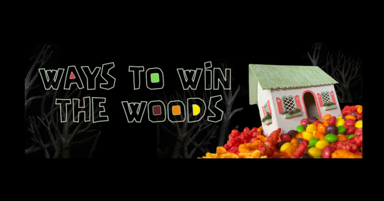 A promotional poster for Great Plains Theatre Commons’ newest production, “Ways to Win the Woods”. A toy house sits atop a pile of colorful hard candy with bold text displaying the title of the play.