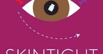 An illustrated image of a brown eye depicted with multicolored syringes in place of eyelashes set against a purple background.