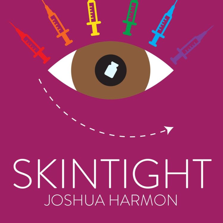 An illustrated image of a brown eye depicted with multicolored syringes in place of eyelashes set against a purple background.