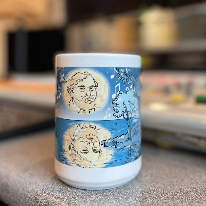 Claude Debussy Mug designed by Jeff Koterba. White mug with blue design.