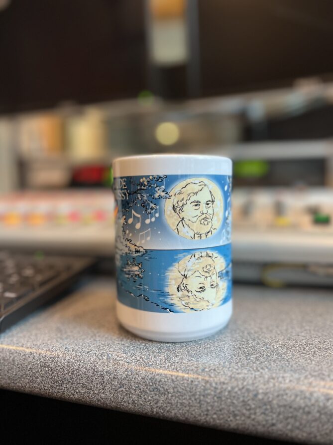 Claude Debussy Mug designed by Jeff Koterba. White mug with blue design.