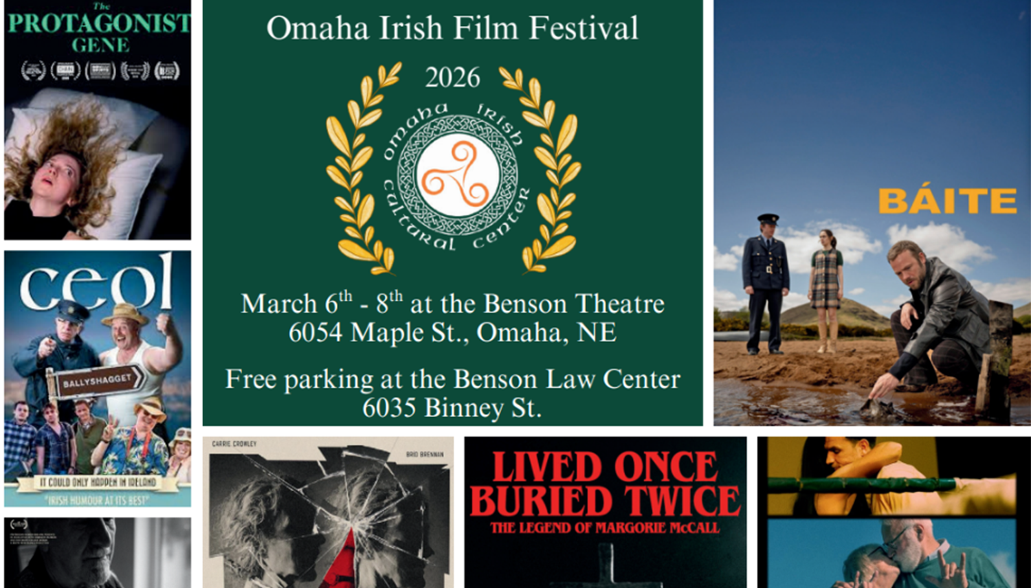 Promotional poster for the 2026 Omaha Irish Film Festival featuring event details alongside a collage of film posters representing the movies to be screened.
