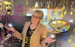 Photo illustration showing Sherry Brownrigg in the studio surrounded by drawings of musical notes, comedy and tragedy masks, and an artist's brush and palette.