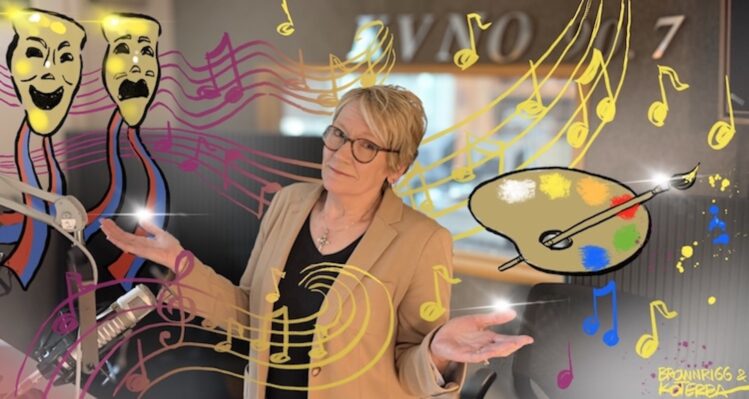 Photo illustration showing Sherry Brownrigg in the studio surrounded by drawings of musical notes, comedy and tragedy masks, and an artist's brush and palette.