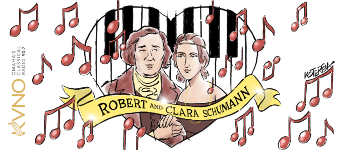 Robert and Clara Schumann cartoon. the two are in a heart shaped piano, surrounded by music notes. Drawn by Jeff Koterba