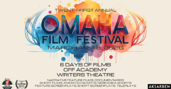 Promotional poster for the 2026 Omaha Film Festival featuring bold, flashy lettering and vibrant colors that highlight the festival name against a dynamic, cinematic background.