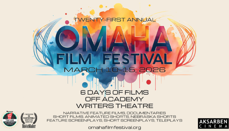 Promotional poster for the 2026 Omaha Film Festival featuring bold, flashy lettering and vibrant colors that highlight the festival name against a dynamic, cinematic background.