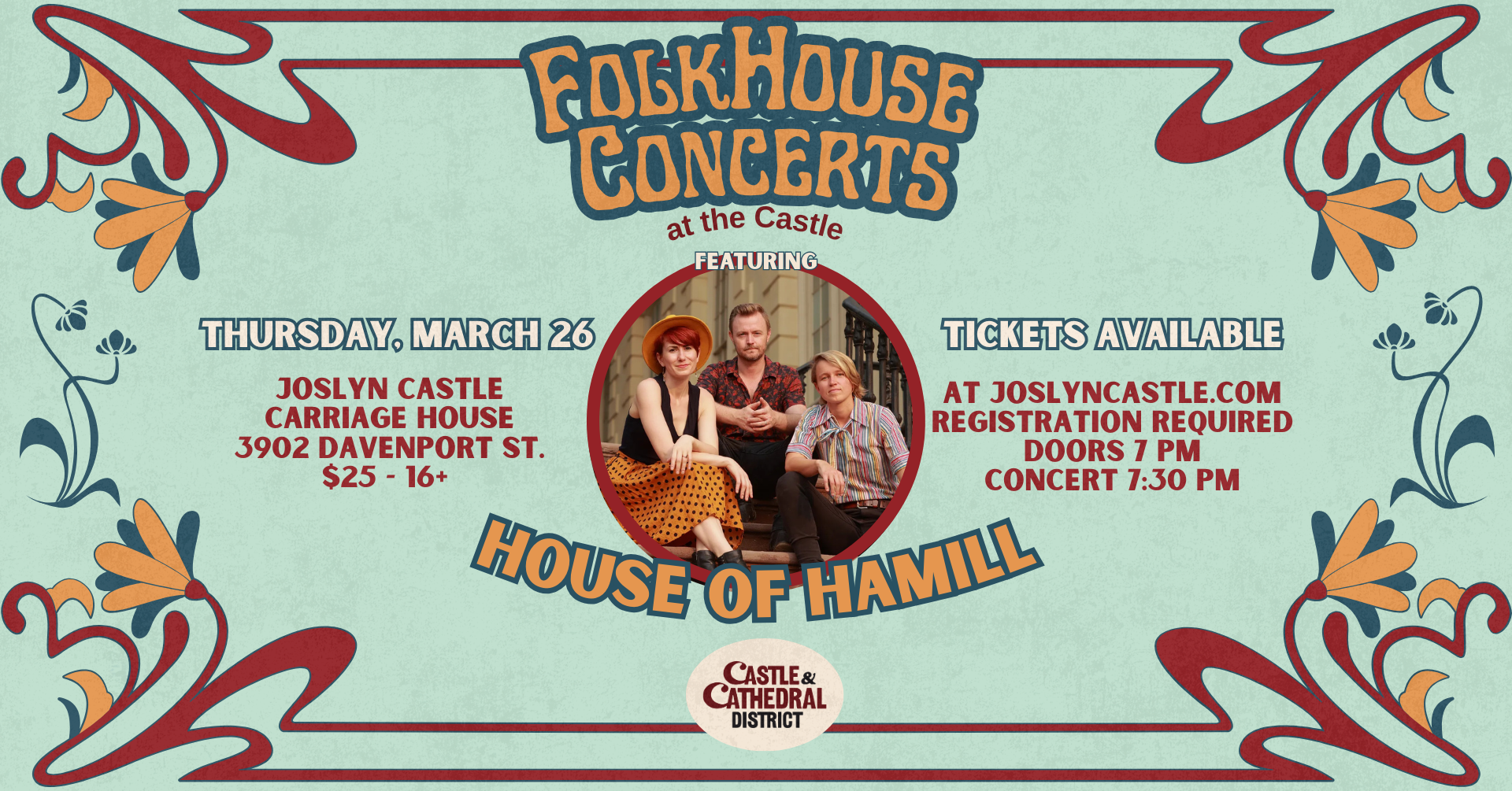 Members of the folk group House of Hamill perform during the FolkHouse concert series at the Joslyn Castle Carriage House in Omaha. The photo shows the three band members standing together at the center of the stage, with a female musician on the left and two male musicians to her right during the live performance.