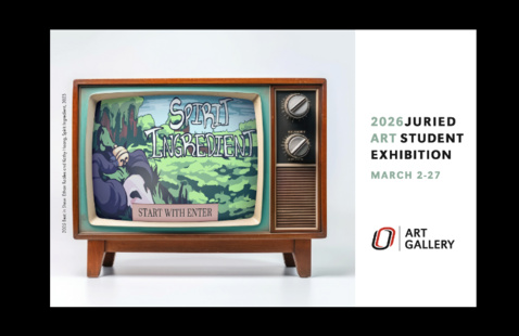 Promotional poster for the 2026 Juried Student Art Exhibition at the University of Nebraska at Omaha, featuring graphic design elements and artwork highlighting student creativity and exhibition details.