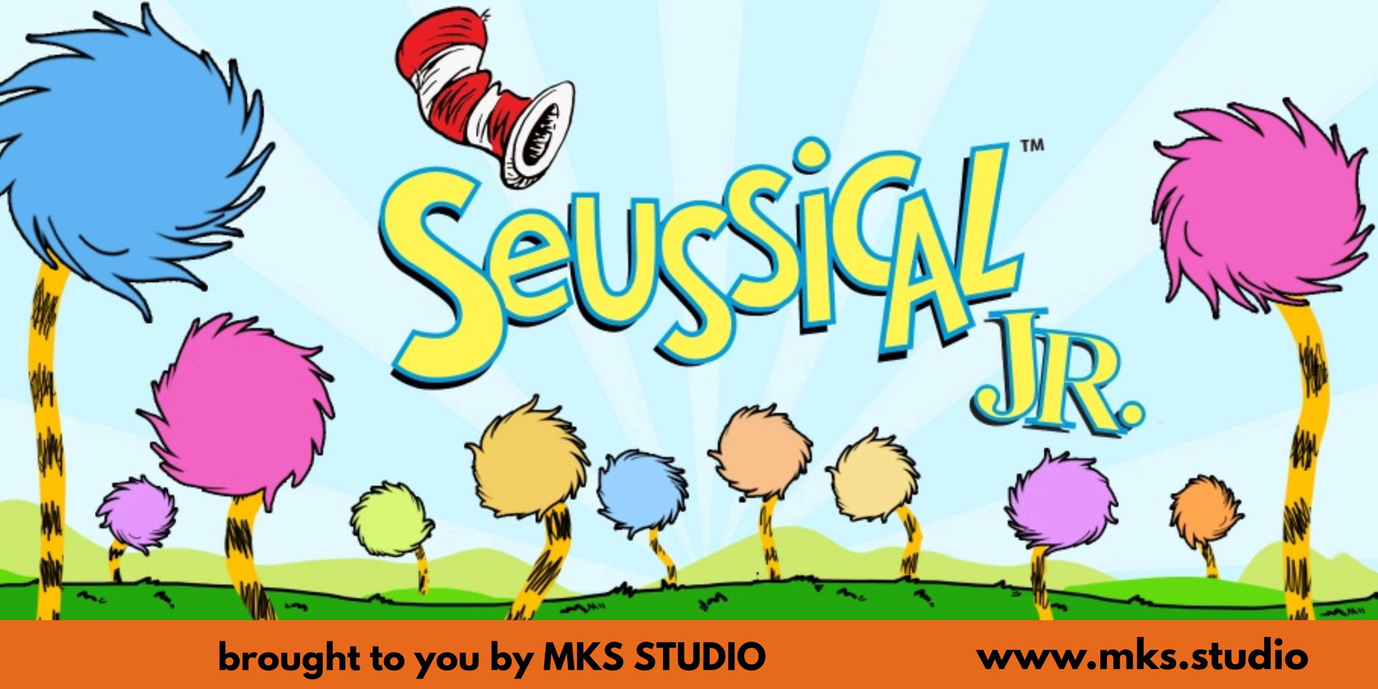 Promotional poster for Seussical Jr. featuring colorful cartoon illustrations inspired by classic characters and imagery from the books of Dr. Seuss.