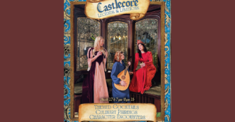 Promotional poster for the Castlecore Spectacular at Joslyn Castle & Gardens showing three women dressed in vintage-style medical clothing posing together in a theatrical, playful pose.