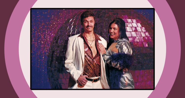 Promotional poster for Disaster! from Omaha Community Playhouse showing a man and a woman dressed in 1960s-style clothing posing dramatically.