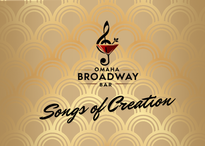 Promotional poster for Broadway Bar: Songs of Creation featuring a gold-colored design with a martini glass that contains a treble clef inside, symbolizing music and musical theatre.