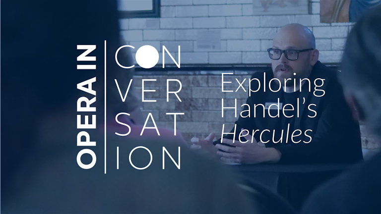 Promotional image for an Opera in Conversation event featuring Josh Quinn speaking about Hercules, presented by Opera Omaha.