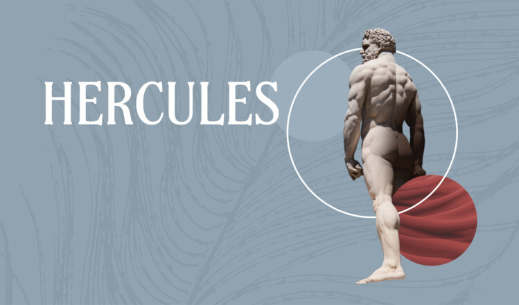 Set against a light blue background, a statue of Hercules is framed by a white circle with the title “Hercules” written in white text to the left.