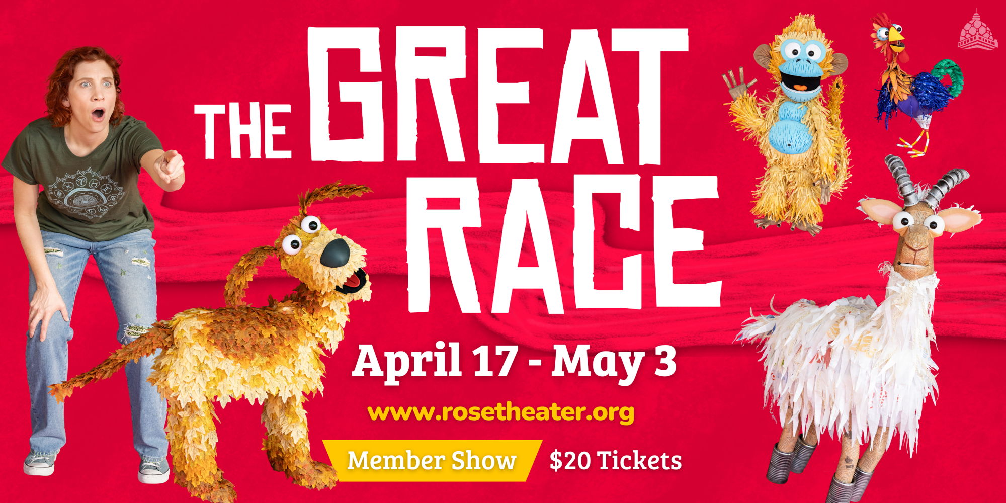 A person points toward a display of paper animals arranged as part of “The Great Race.”