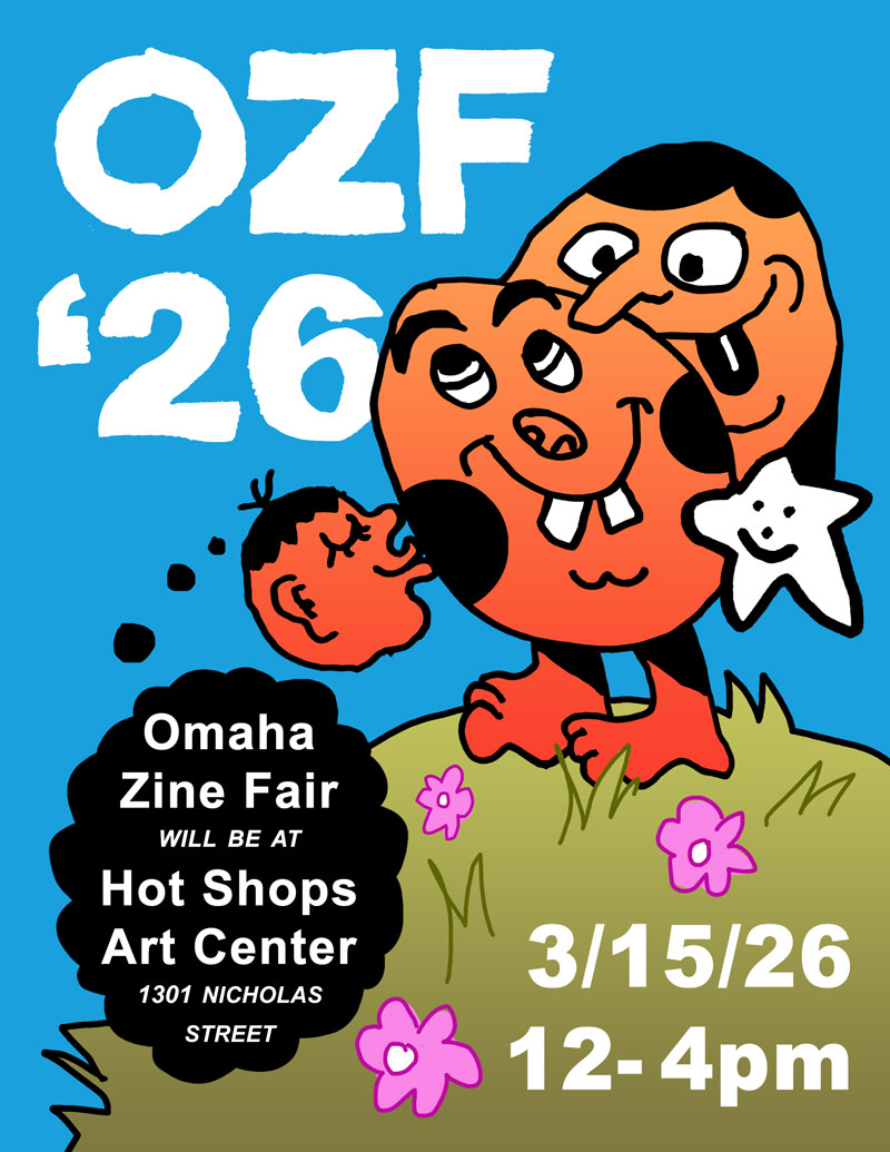 Promotional poster for the Omaha Zine Fair at Hot Shops featuring bold graphics and event information.