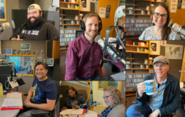 Collage of KVNO hosts. Fernando Montejano, Gabriel Escalera, Be Rasmussen, Allyson Jay, Jeff Koterba, and Emily McIvor smile in front of microphones.
