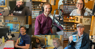 Collage of KVNO hosts. Fernando Montejano, Gabriel Escalera, Be Rasmussen, Allyson Jay, Jeff Koterba, and Emily McIvor smile in front of microphones.